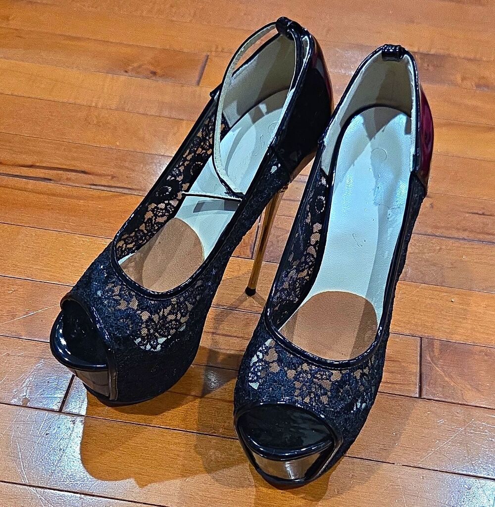 getmorebeauty Black Lace Peep Toe Platform Stiletto Heels Sz EU39(US 8.5) (Flaw)